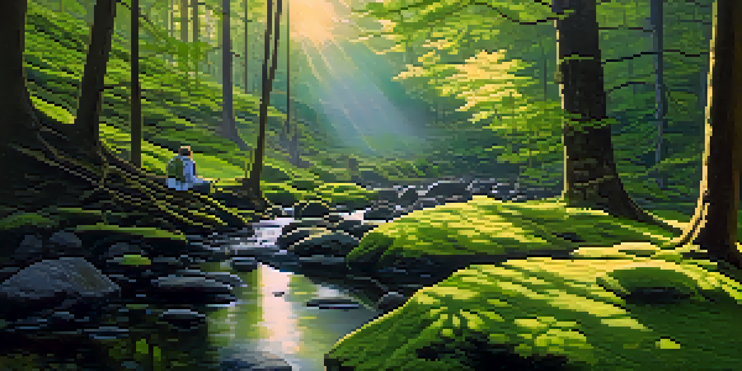 A peaceful forest at dawn with a person meditating by a stream, sunlight filtering through the trees.
