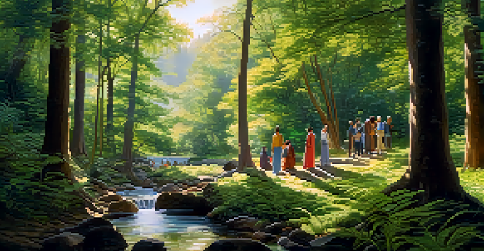 A peaceful forest scene with a stream and sunlight, featuring a diverse group of people in conversation.