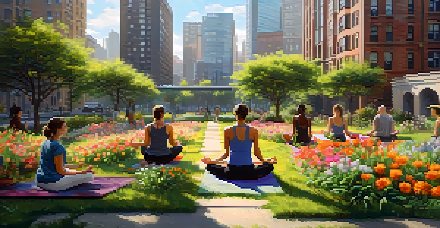 An urban garden with colorful flowers and people practicing yoga, surrounded by tall buildings, showcasing harmony between nature and city life.