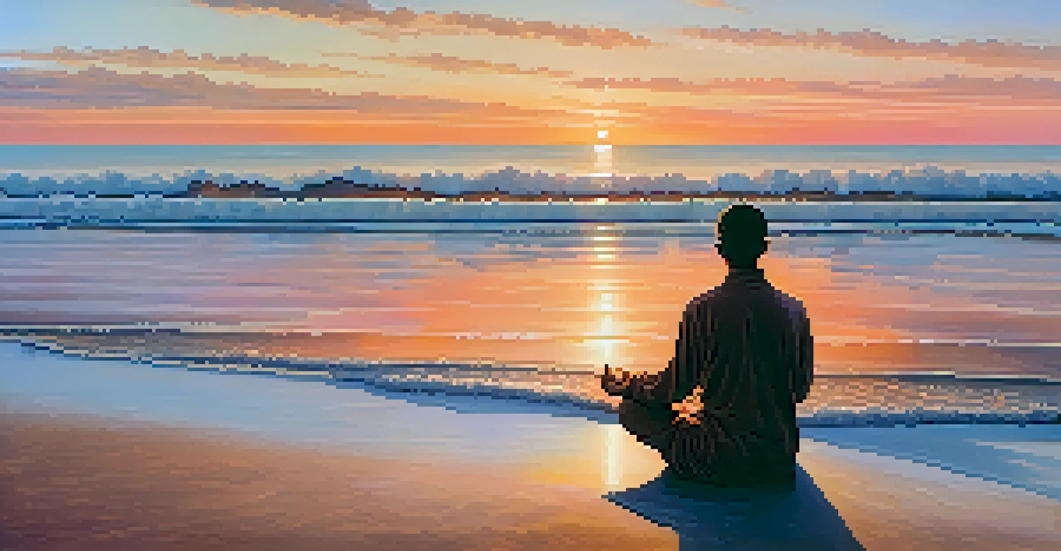 A person meditating on a beach at sunrise, surrounded by warm colors of the sky and ocean, evoking tranquility.