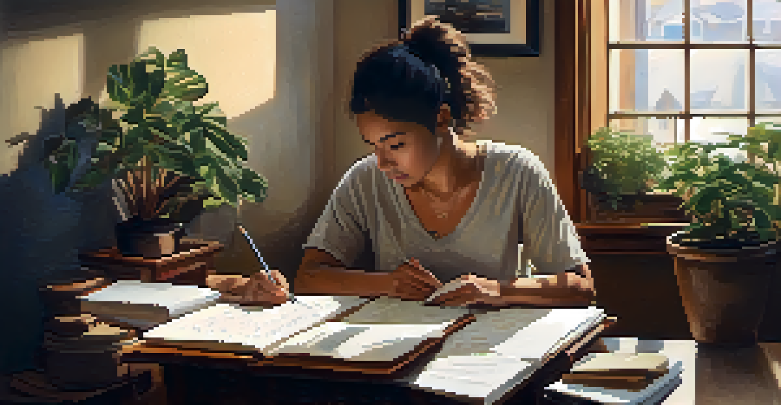 A person journaling at a desk after community service, surrounded by a warm, cozy atmosphere.