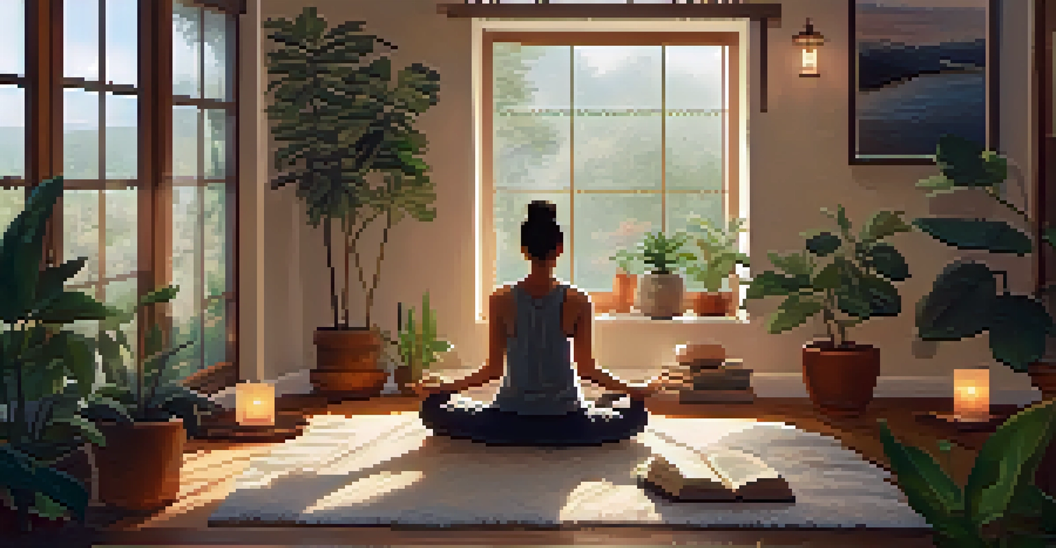 A person meditating in a cozy room filled with warm light, plants around, and a mindfulness journal open beside them.