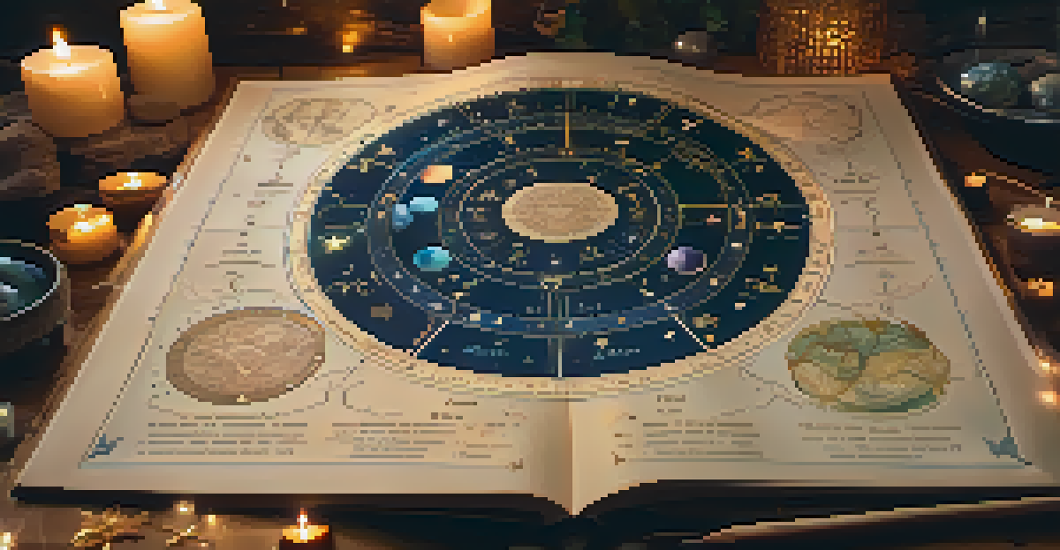 An astrological birth chart on a wooden table surrounded by crystals and candles, illuminated by soft golden light.