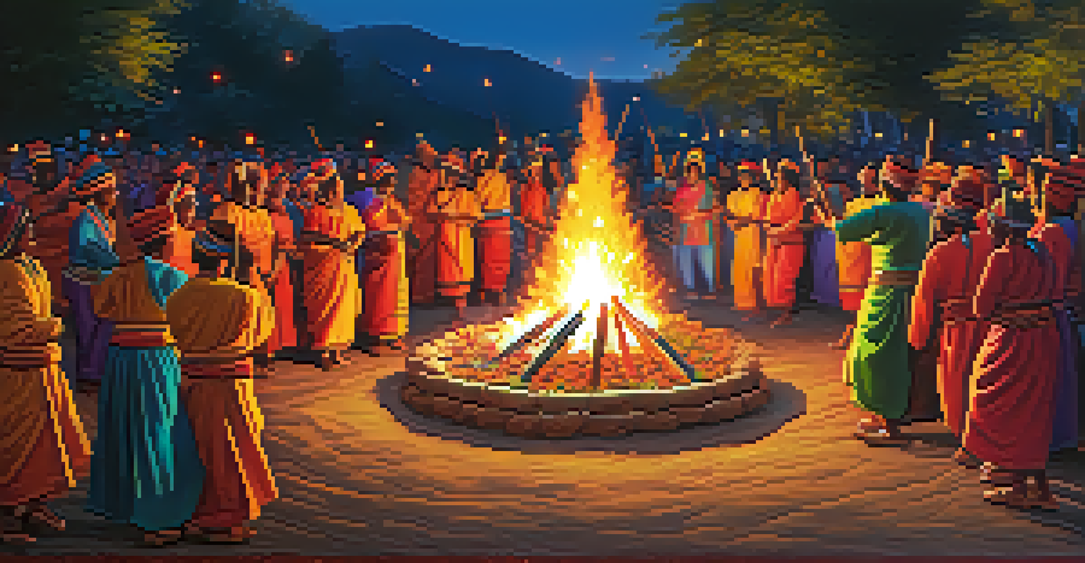 A colorful festival scene with people in traditional attire dancing around a bonfire, celebrating their cultural heritage.