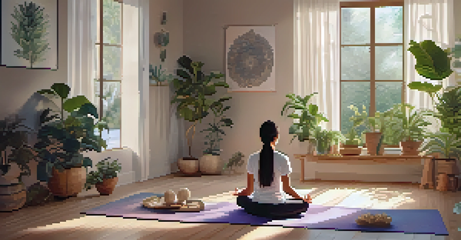 A person meditating on a yoga mat in a softly lit indoor space filled with plants and calming decor.