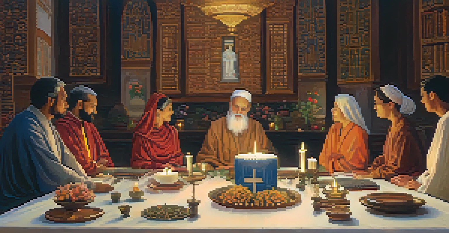 A small group of people gathered around a table with religious symbols, engaged in an interfaith dialogue in a cozy indoor setting.