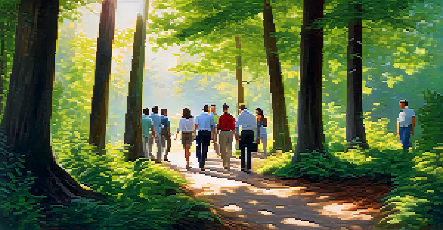 Employees walking and discussing together on a nature trail during a corporate retreat.