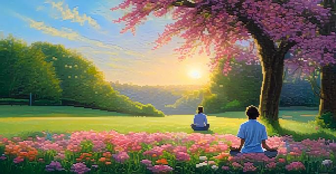 A person meditating on a green lawn surrounded by colorful flowers under a warm sunrise.