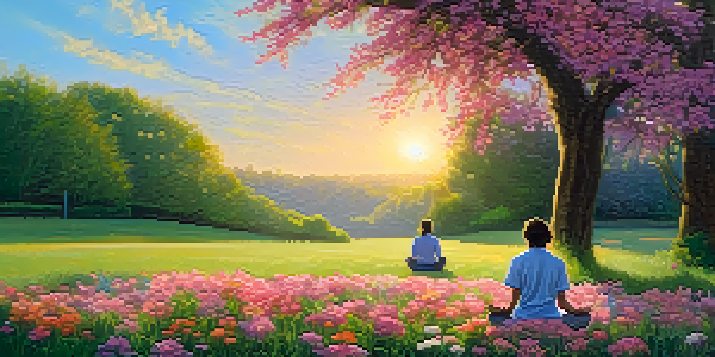 A person meditating on a green lawn surrounded by colorful flowers under a warm sunrise.
