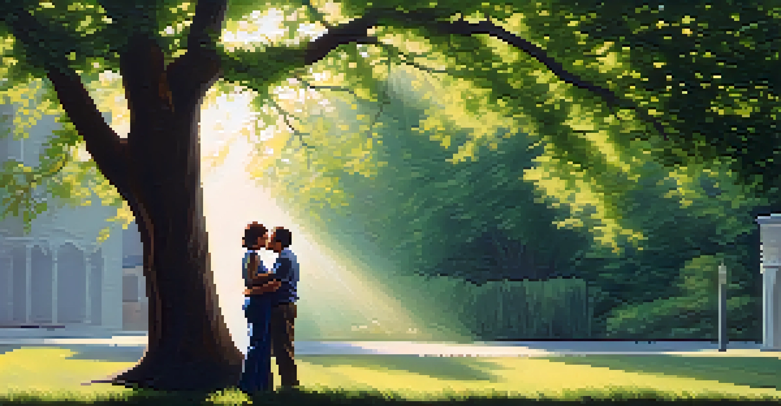 A couple embracing under a tree, surrounded by greenery, symbolizing forgiveness and emotional connection.