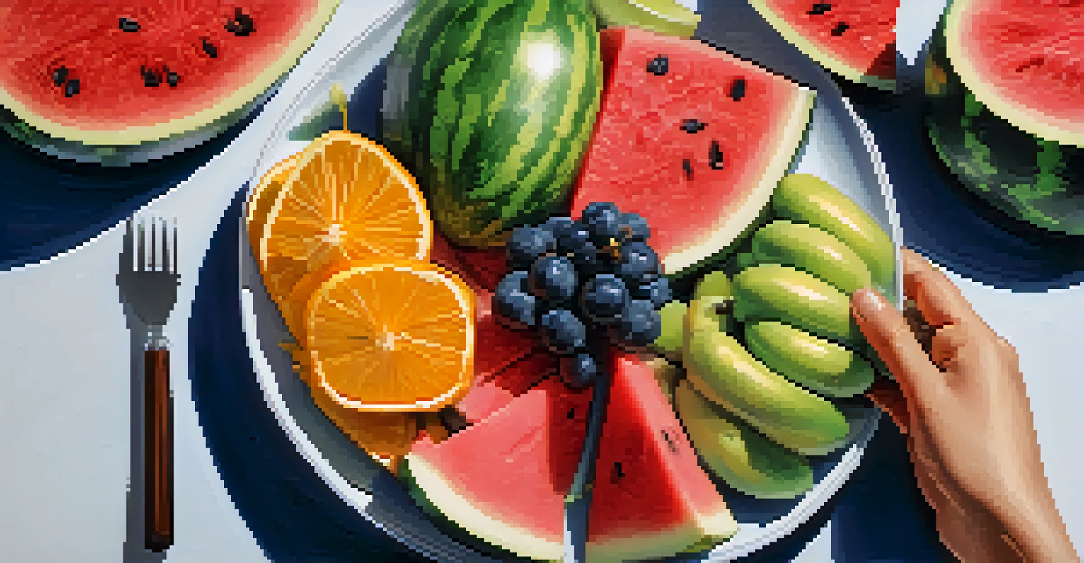 A close-up of hands holding a slice of watermelon, emphasizing the vibrant colors and textures of fresh fruits.