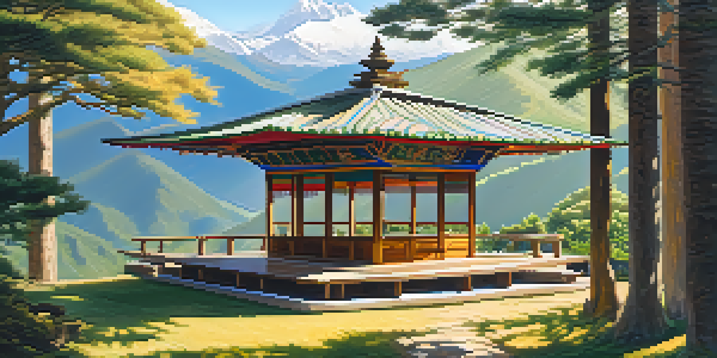 A meditation platform in the Bhutanese mountains, surrounded by greenery and prayer flags, with sunlight filtering through the trees.