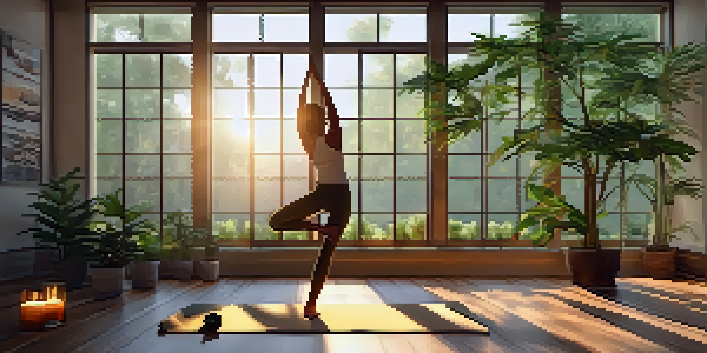A person practicing Tree Pose in a sunlit yoga studio filled with plants and candles.
