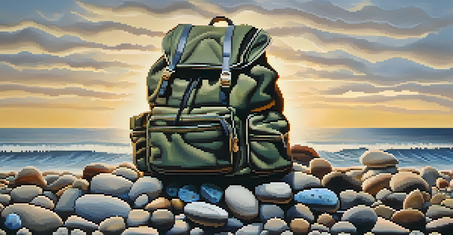 An abstract image of a backpack filled with stones, representing emotional burdens, with light illuminating the scene to signify hope.