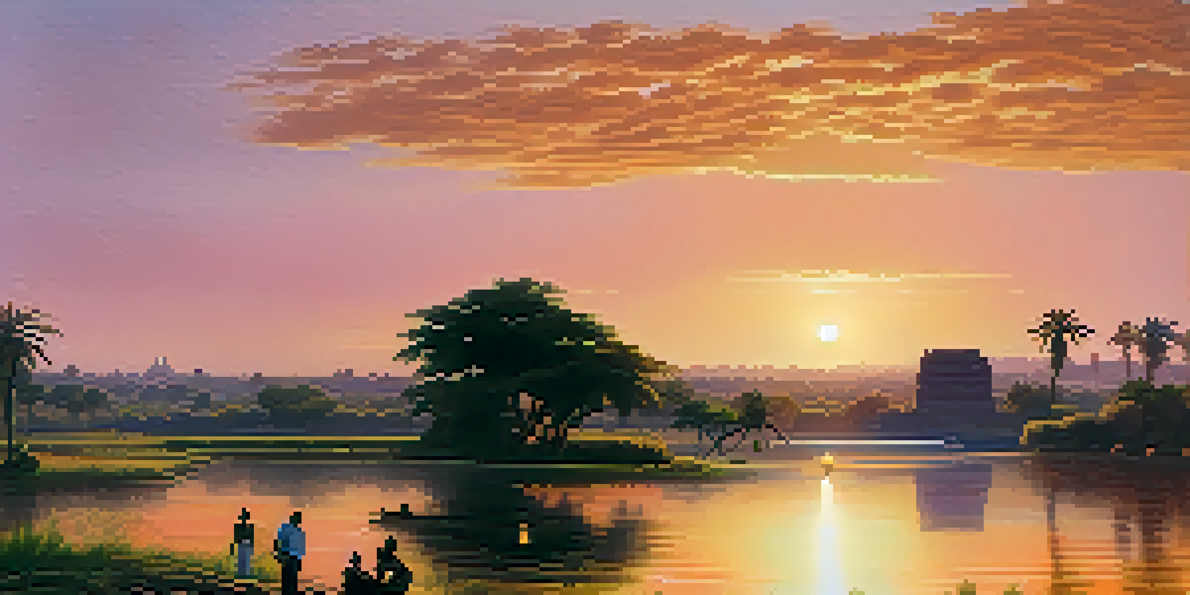 A peaceful scene of the Nile River flooding, with green banks and ancient temples under a sunset sky.