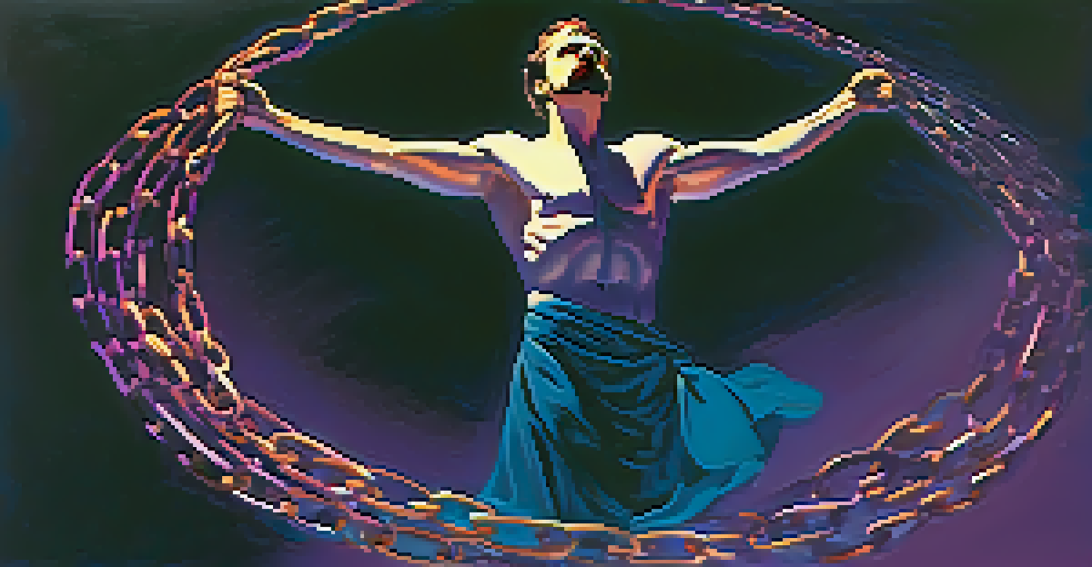 An abstract figure breaking free from chains, symbolizing empowerment and individuality against a vibrant gradient background.