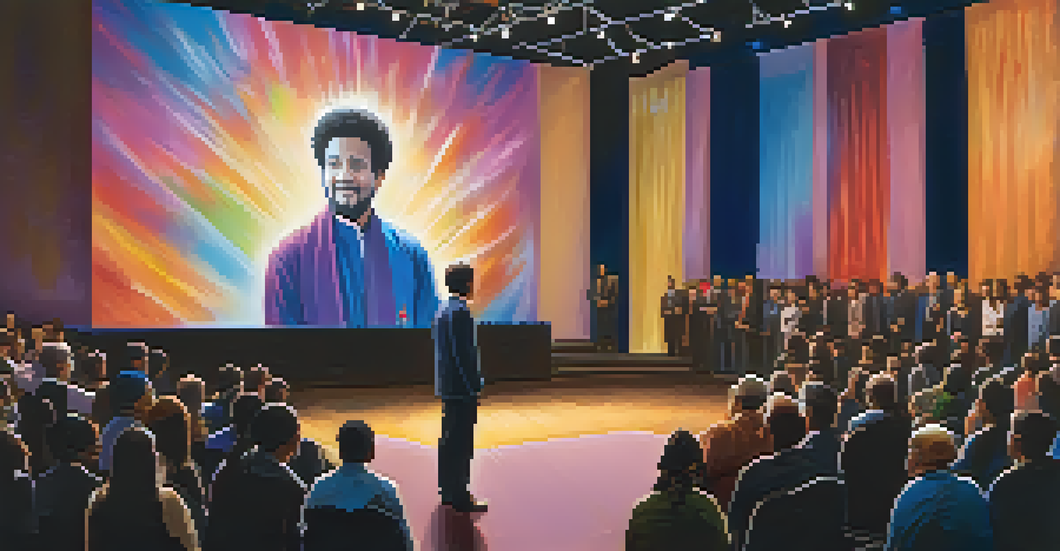 A young person inspired by a spiritual leader speaking about integrity on stage.