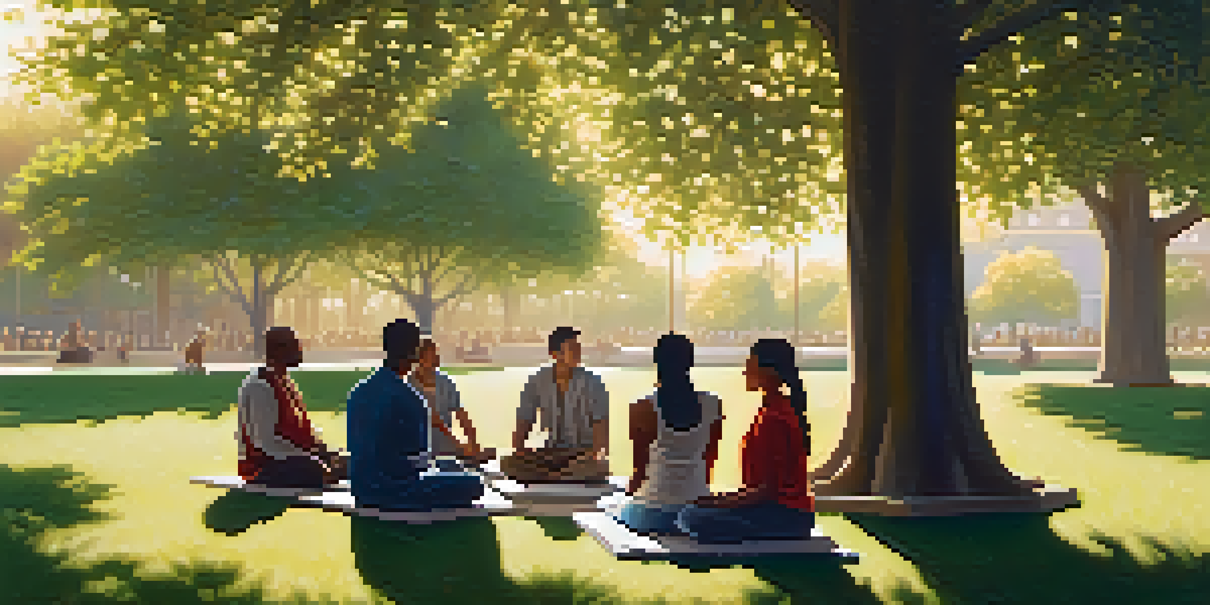A diverse group of people meditating together in a peaceful park, surrounded by trees and bathed in golden sunlight.