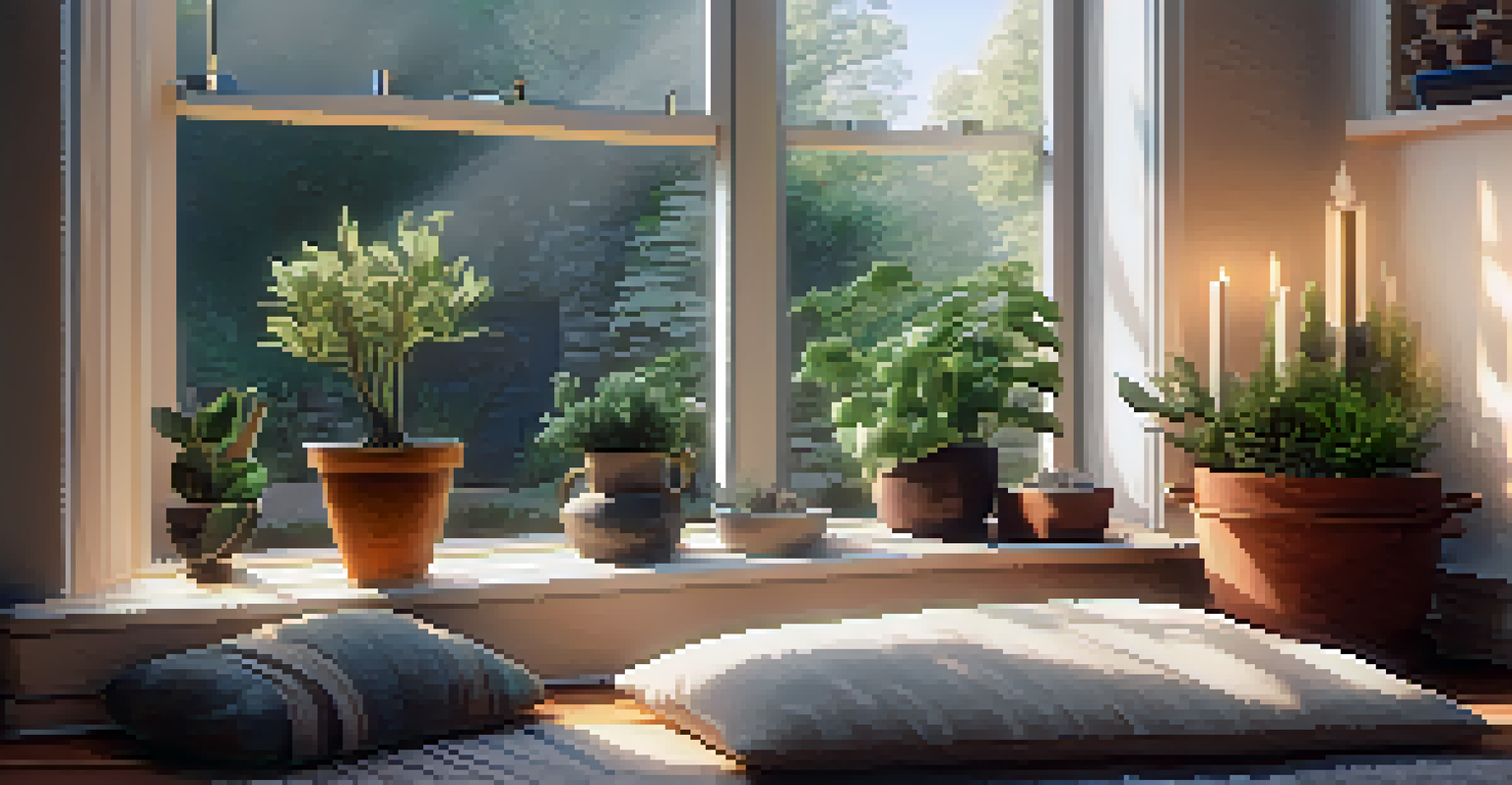A cozy meditation corner with cushions, plants, and candles, bathed in soft light from a window.