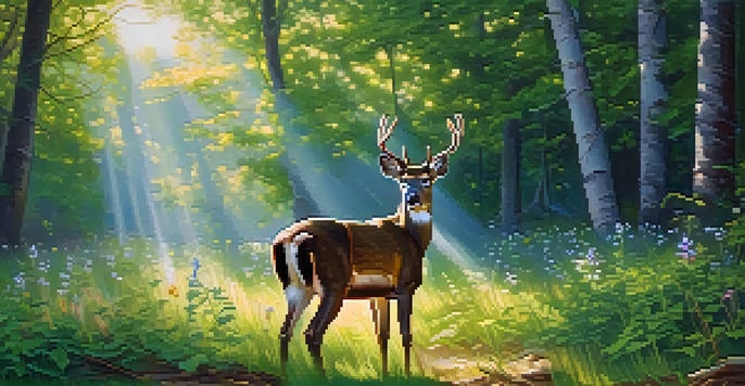 A peaceful forest with a deer grazing among colorful wildflowers, illuminated by soft sunlight filtering through the trees.