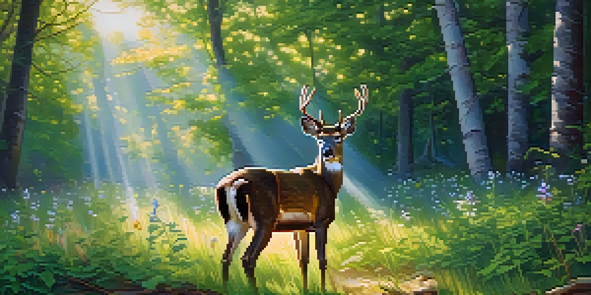 A peaceful forest with a deer grazing among colorful wildflowers, illuminated by soft sunlight filtering through the trees.