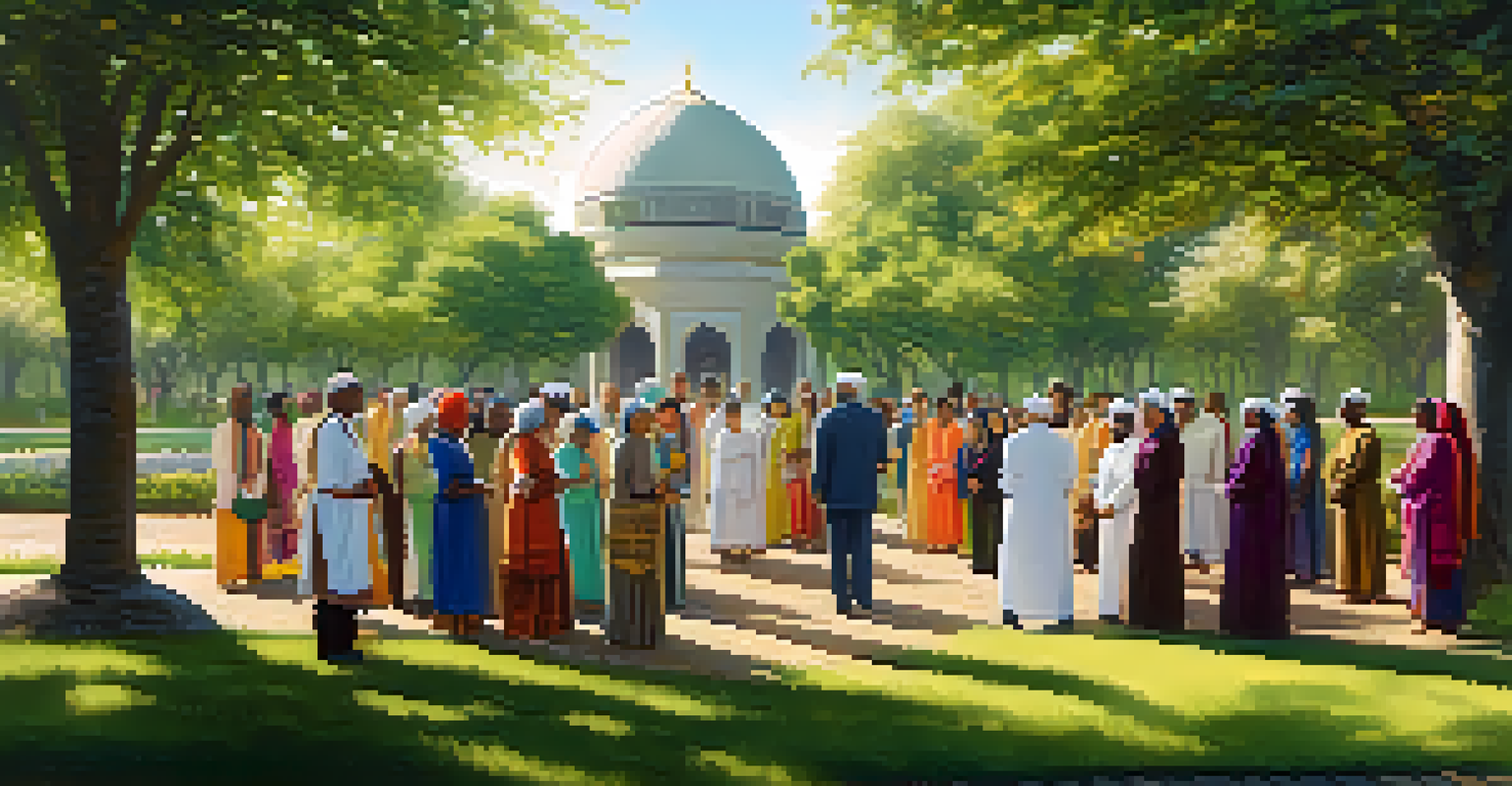 A diverse group of people from different religions having a respectful discussion in a sunny park with greenery and flowers around them.