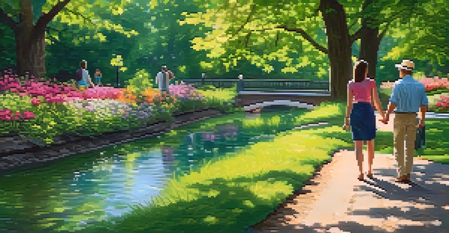 Two travelers conversing in a sunny park with greenery and flowers around them.