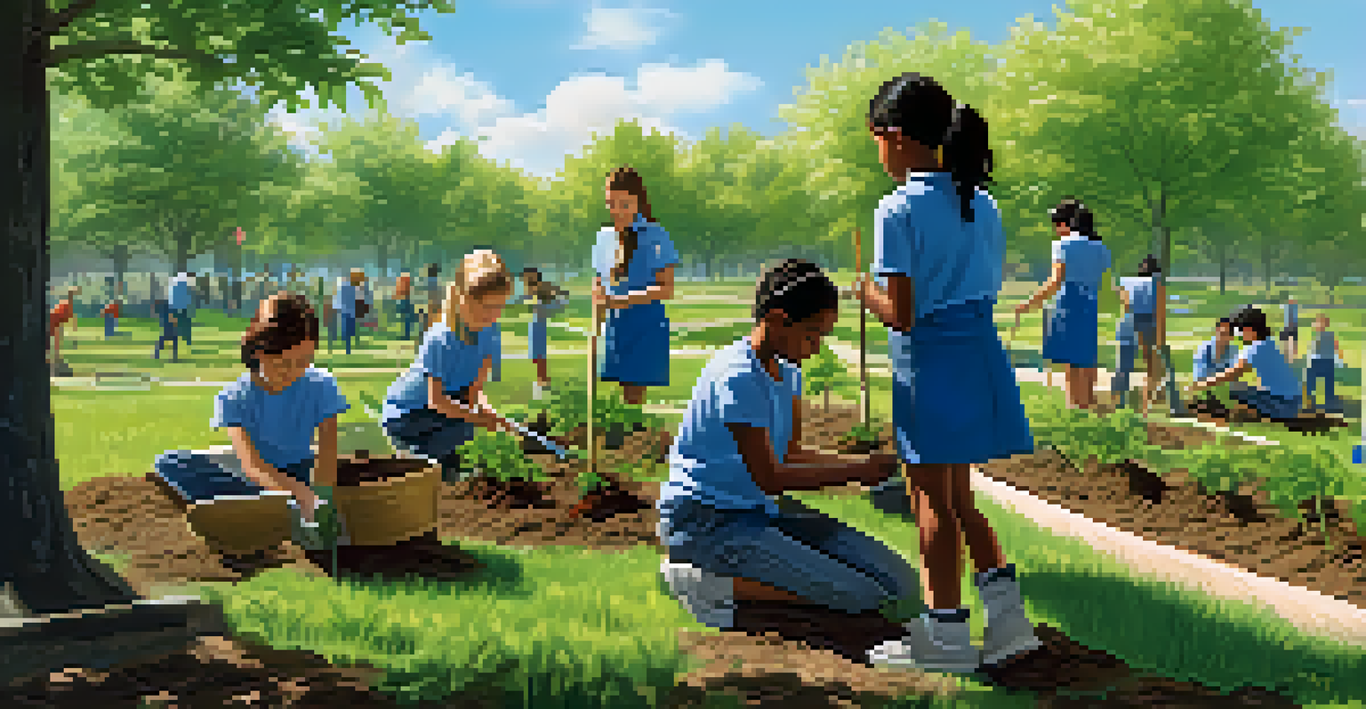 Students happily planting trees in a green park on a sunny day, showcasing teamwork and community service.