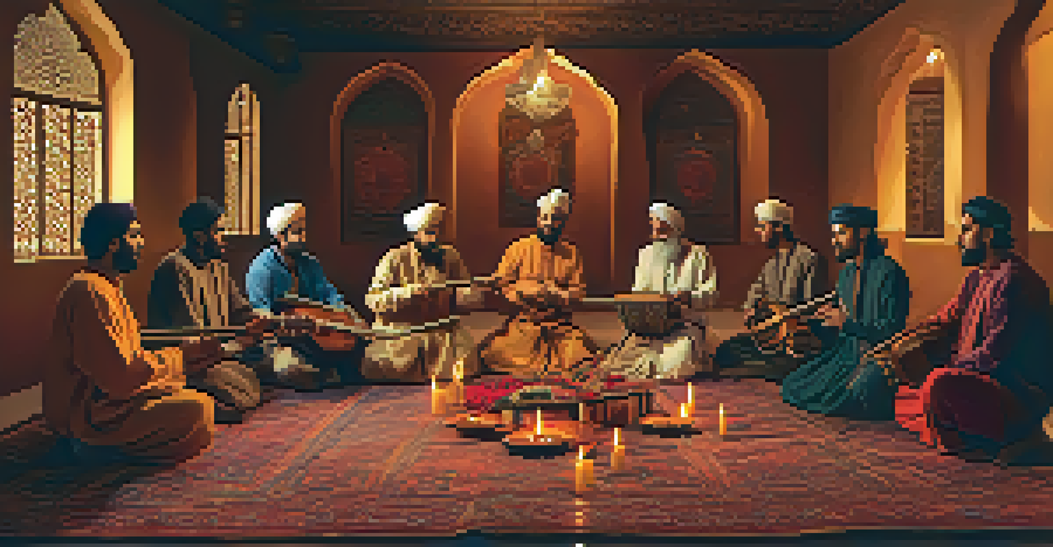 Sufi musicians performing in a candle-lit room, dressed in colorful garments with musical instruments, creating a warm and intimate atmosphere.