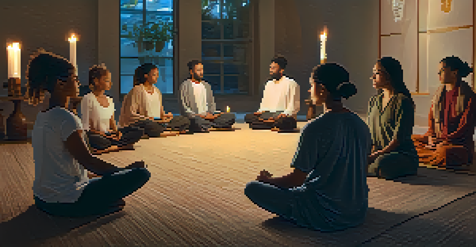 A diverse group of individuals meditating together in a softly lit room, guided by a spiritual leader, surrounded by candles and cushions.