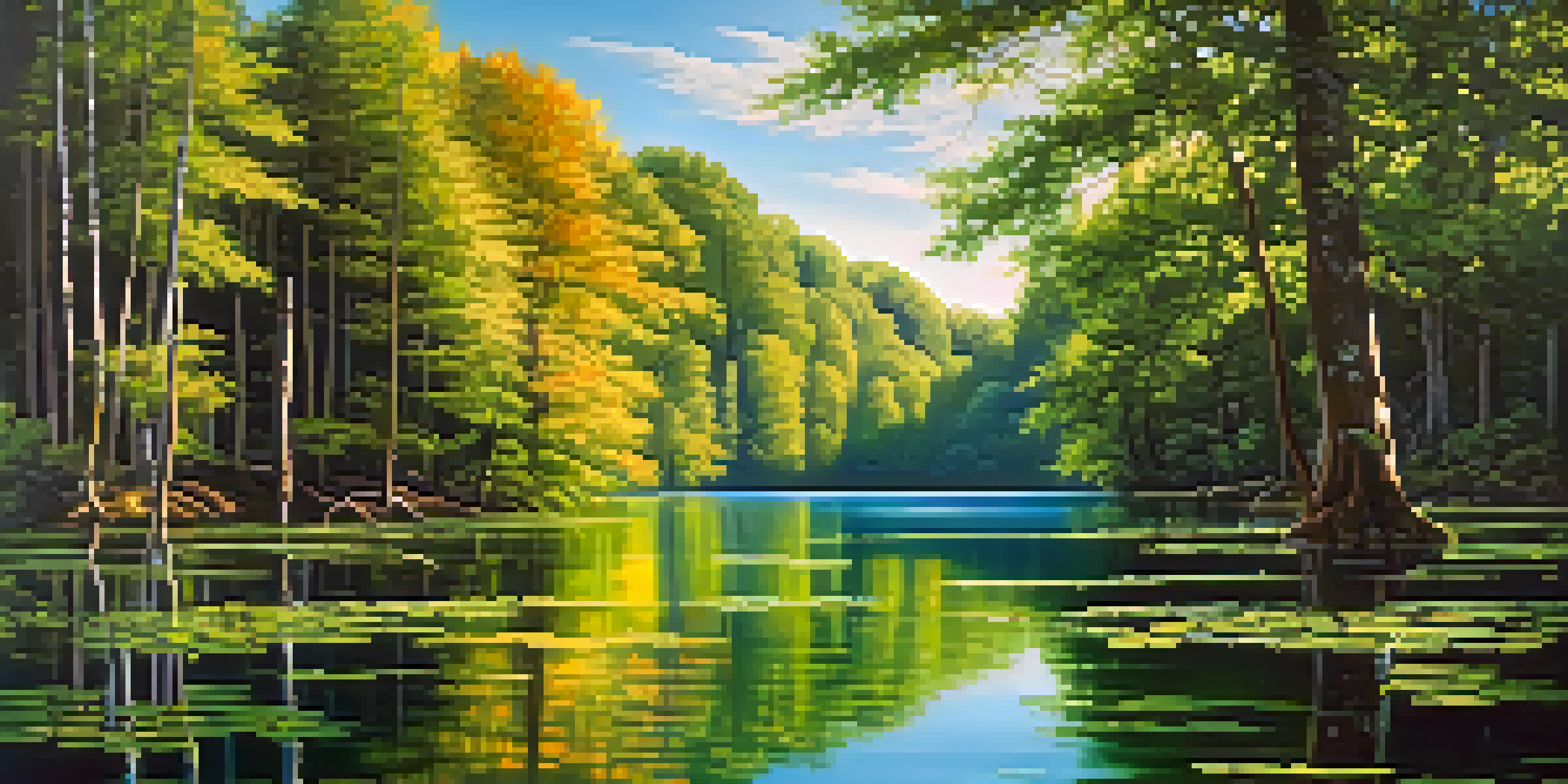 A peaceful lake surrounded by green trees and a clear blue sky, with sunlight creating patterns on the water.