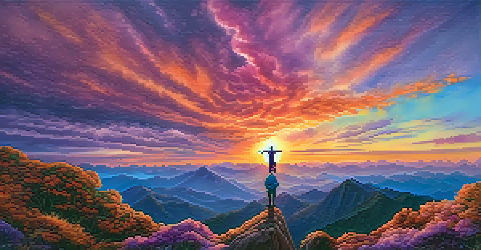 A person on a mountain peak celebrating a sunset, with arms raised and affirmations subtly integrated into the clouds.