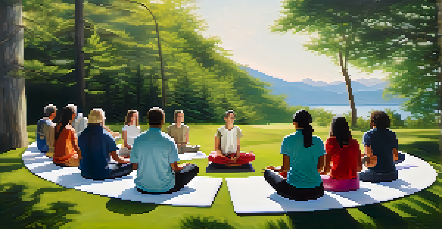 A tranquil outdoor scene with people meditating, alongside a digital interface showing a live-streamed retreat session.