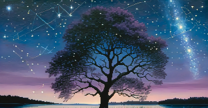 A night sky filled with bright constellations, including Orion, over a serene landscape with silhouetted trees and a calm lake reflecting the stars.