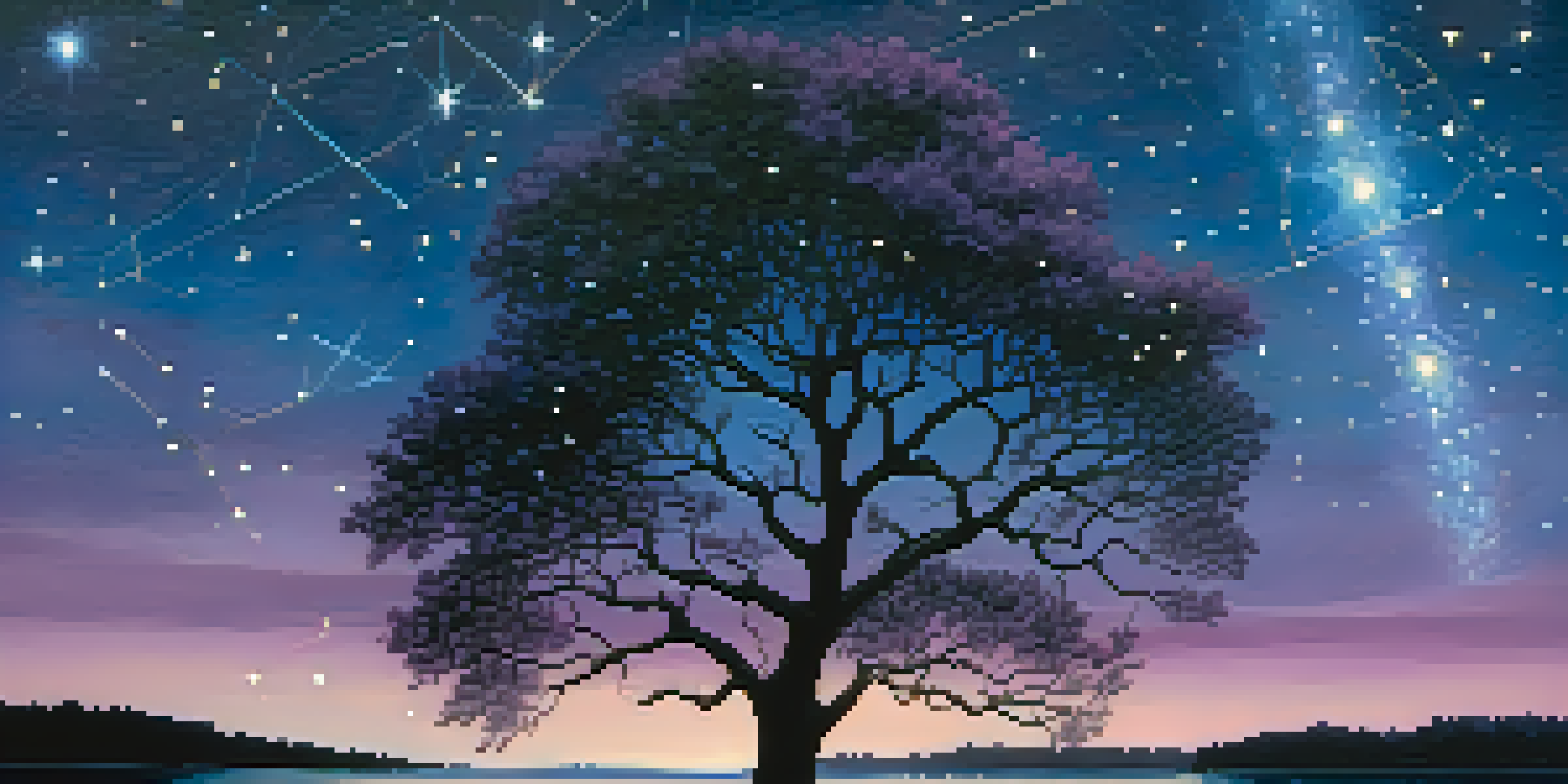 A night sky filled with bright constellations, including Orion, over a serene landscape with silhouetted trees and a calm lake reflecting the stars.