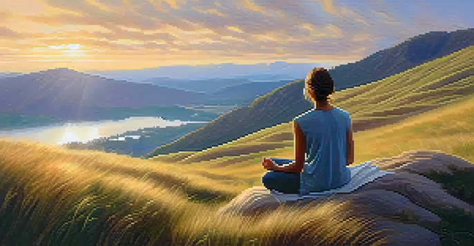 A person meditating on a grassy hilltop at sunrise, surrounded by soft clouds and distant mountains, exuding tranquility.