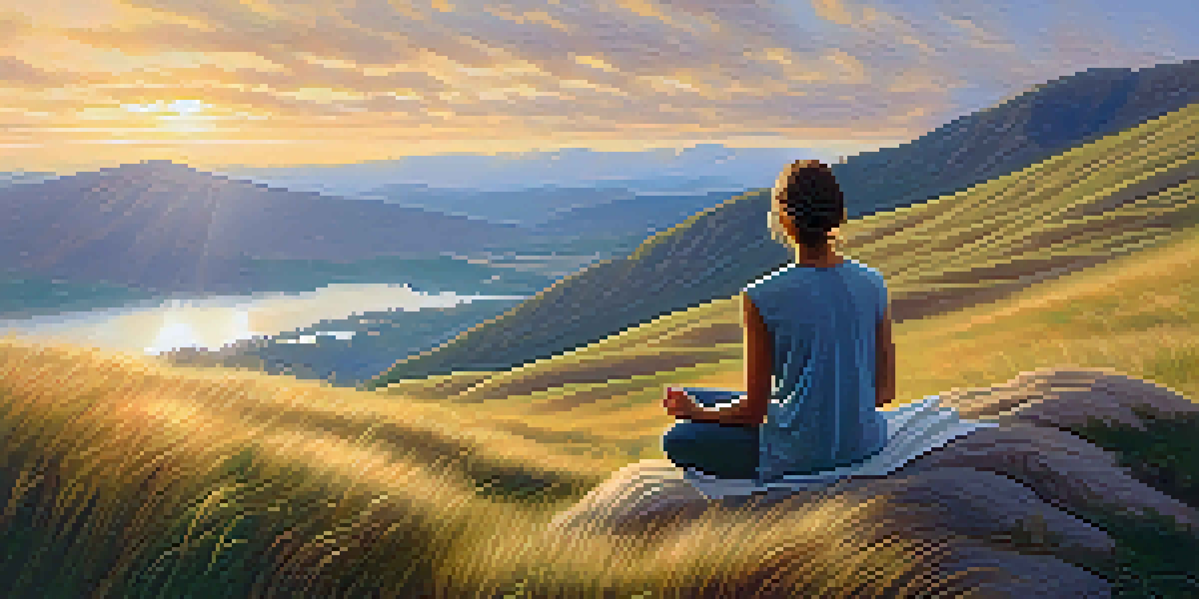 A person meditating on a grassy hilltop at sunrise, surrounded by soft clouds and distant mountains, exuding tranquility.