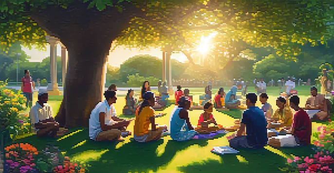 A diverse group of people from different cultures sharing food and helping each other in a green park with blooming flowers under a warm sunset.