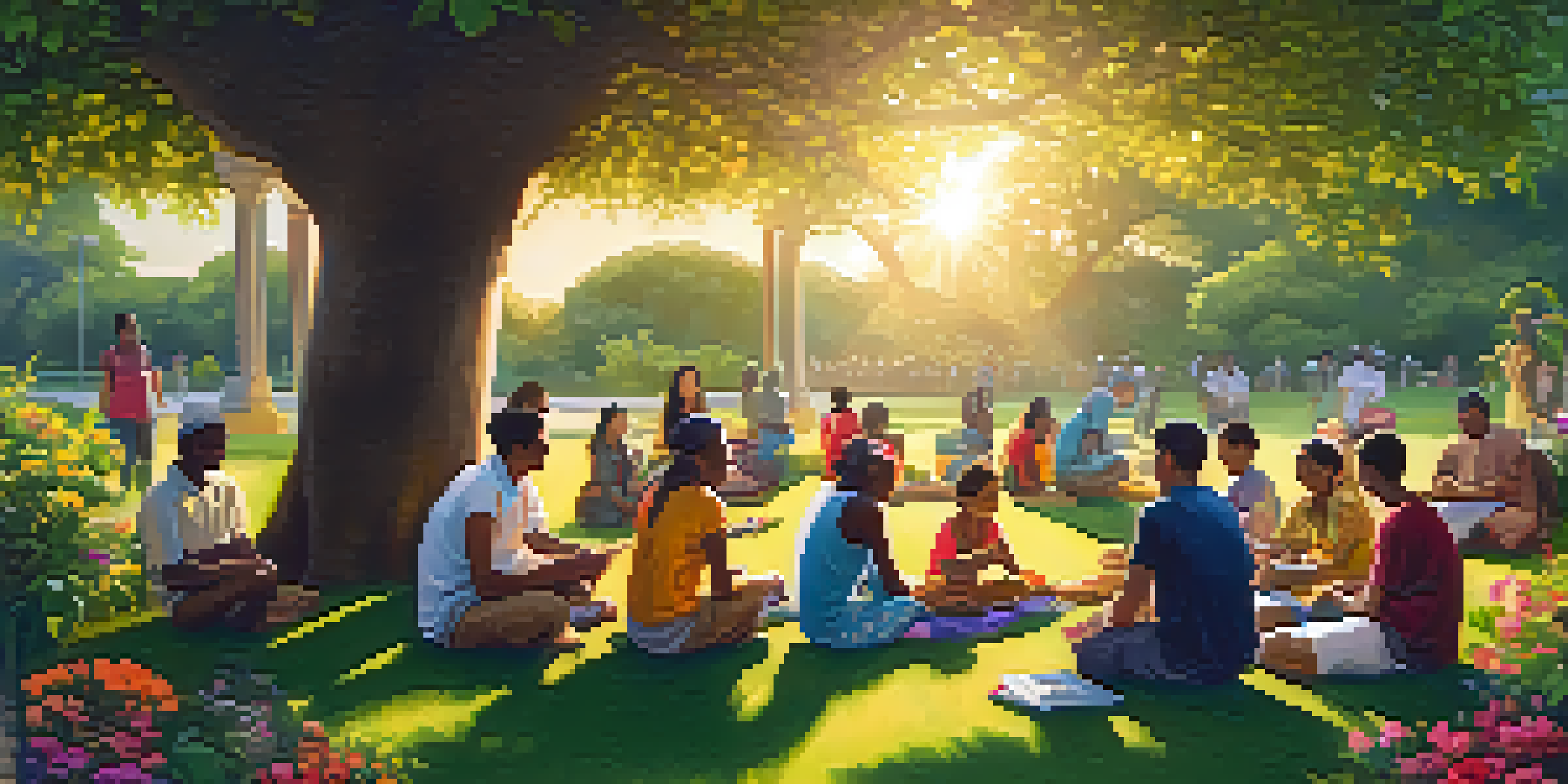 A diverse group of people from different cultures sharing food and helping each other in a green park with blooming flowers under a warm sunset.