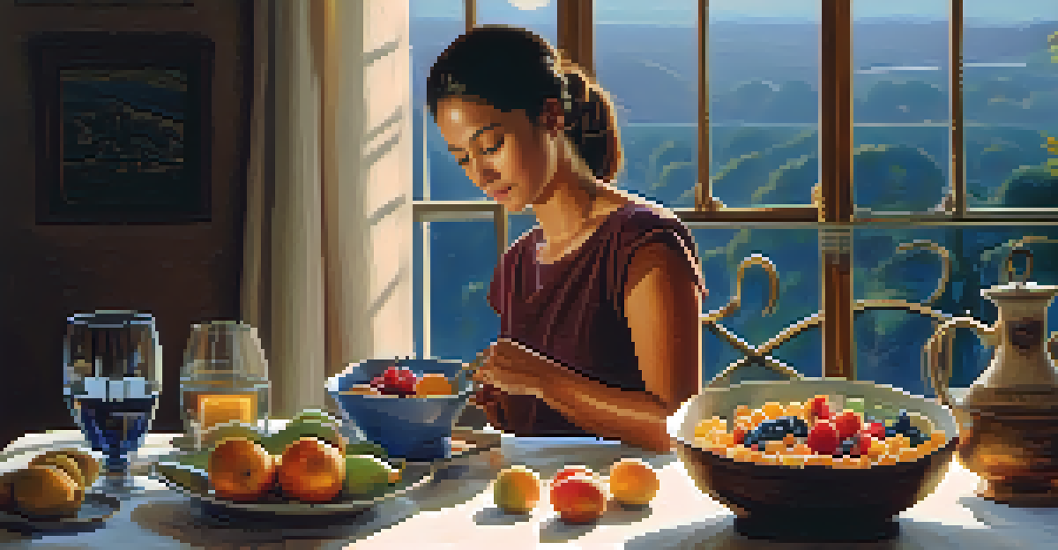 A close-up of a person preparing a meal to break their fast, with fresh fruits and a lit candle.