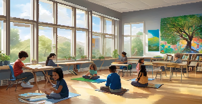 A bright classroom with students practicing mindfulness, surrounded by colorful cultural artwork and plants.