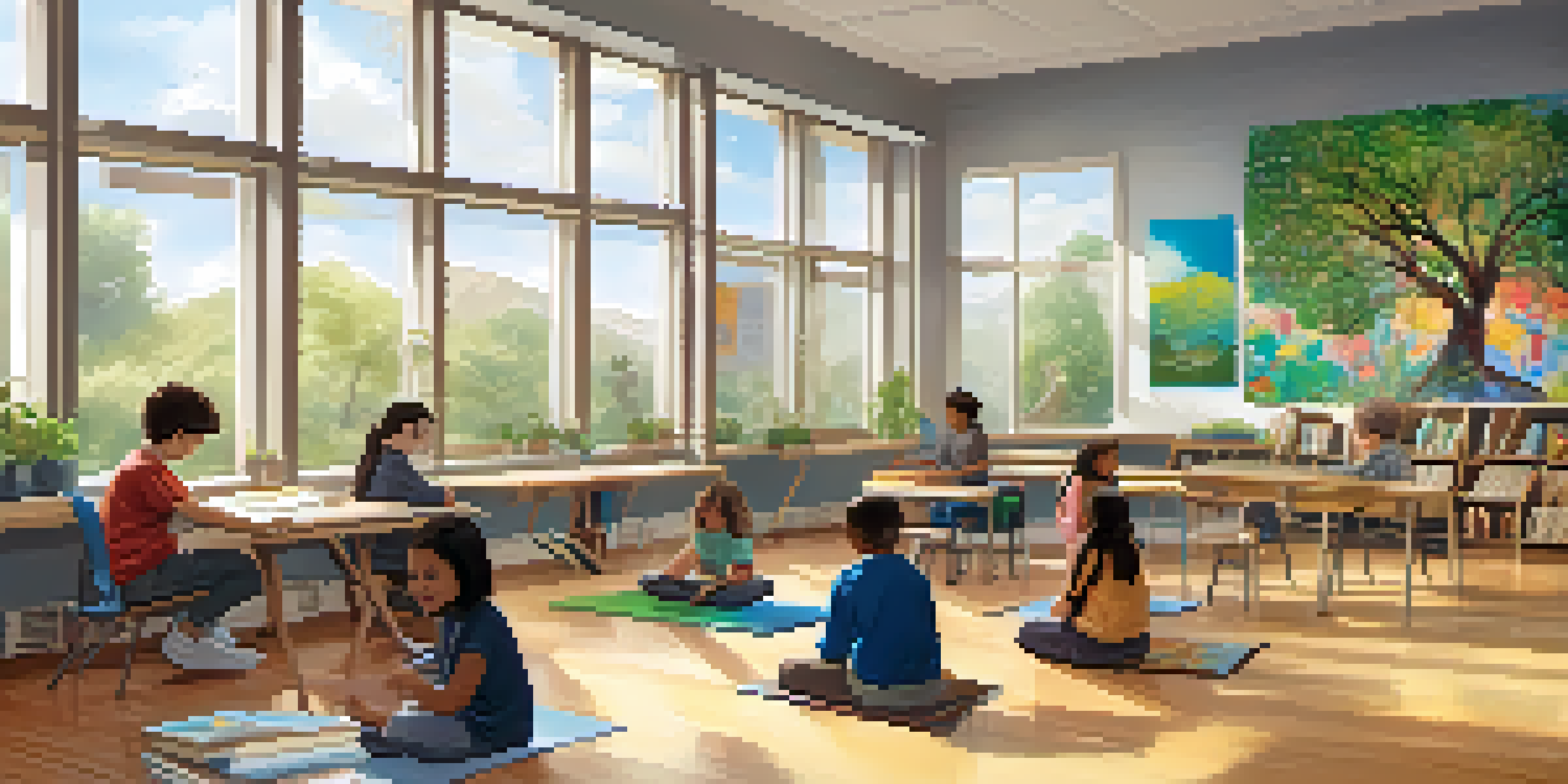 A bright classroom with students practicing mindfulness, surrounded by colorful cultural artwork and plants.