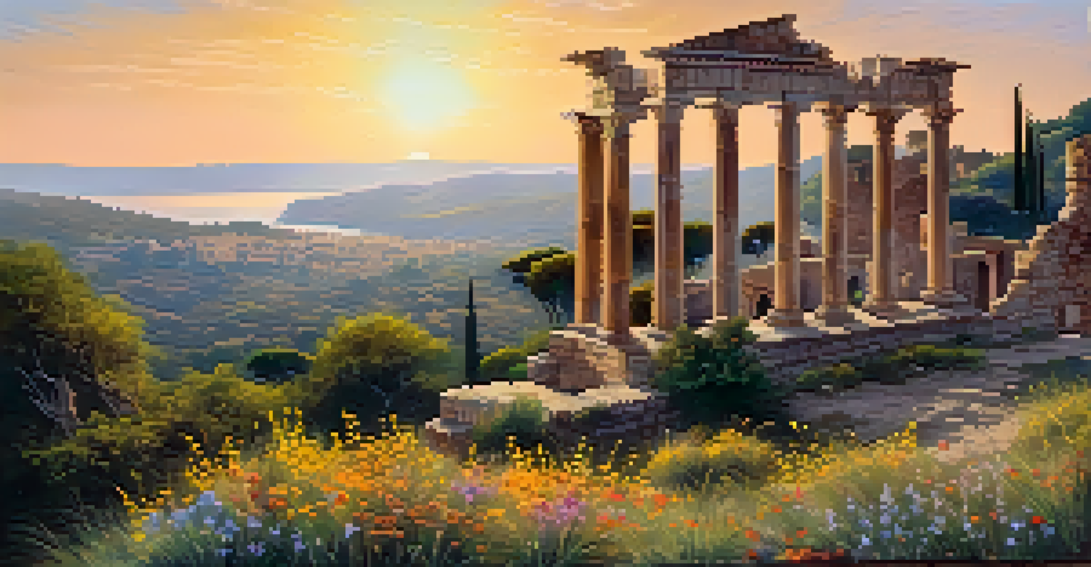 Ancient Mediterranean ruins set in a lush landscape with blooming wildflowers and a sunset, creating a tranquil and reverent atmosphere.