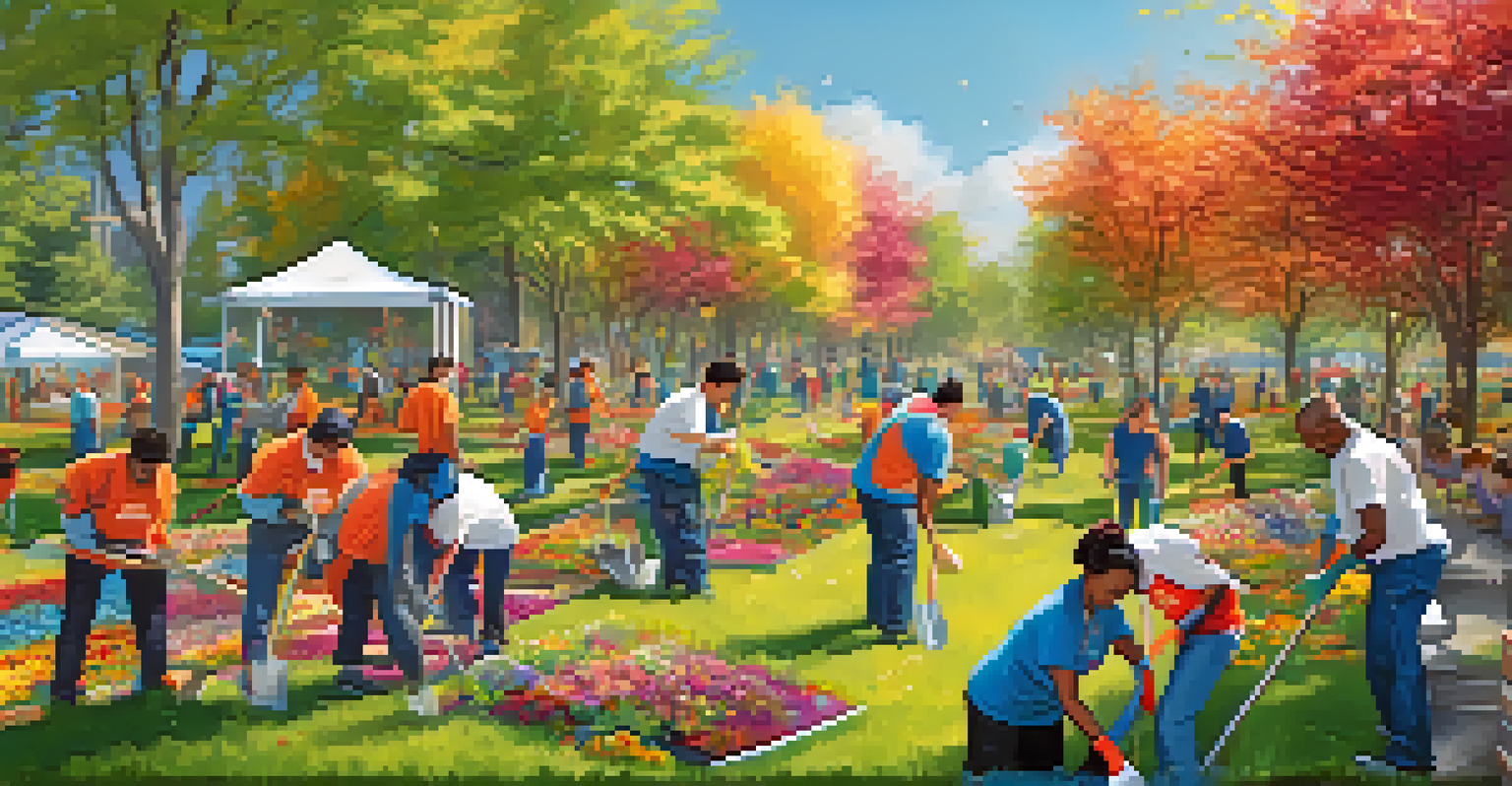 Diverse volunteers engaged in community service, planting flowers and cleaning a park with colorful banners in the background.
