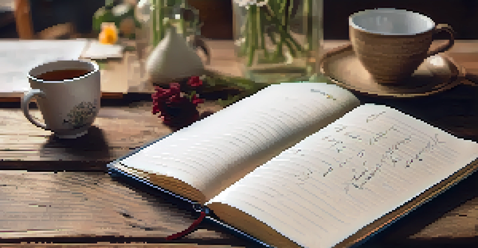 A gratitude journal open with handwritten notes, a cup of tea, and flowers on a wooden table.