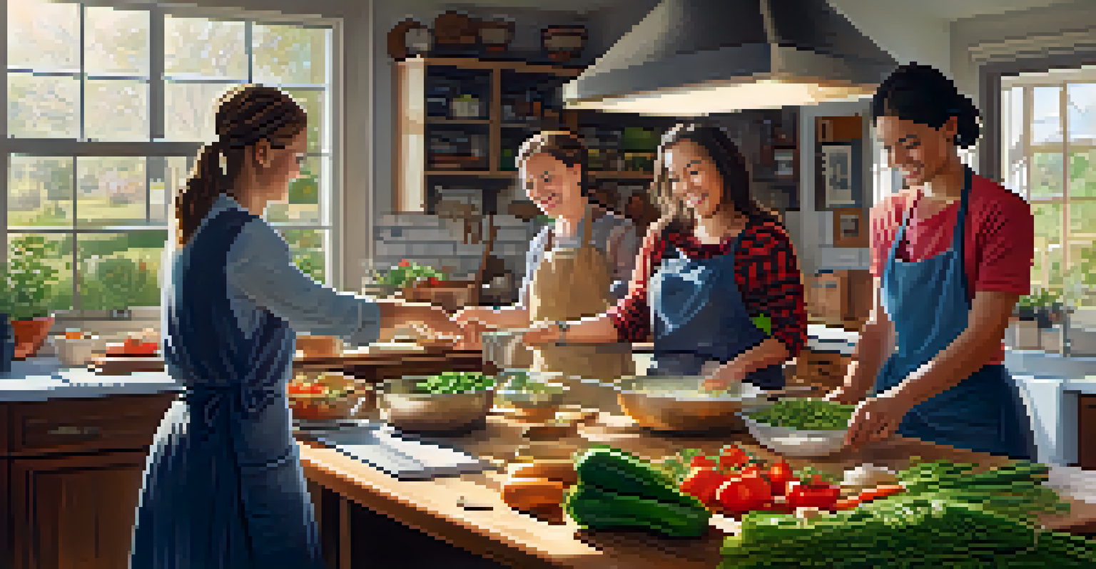 A bright kitchen with friends joyfully preparing meals together for a local shelter, surrounded by fresh ingredients.