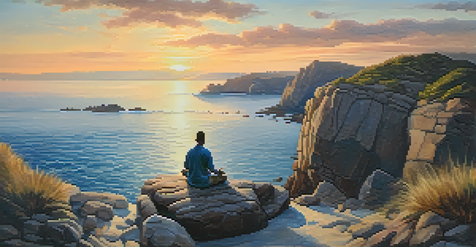 A person meditating on a rocky cliff during sunset, with ocean views and warm colors in the sky.