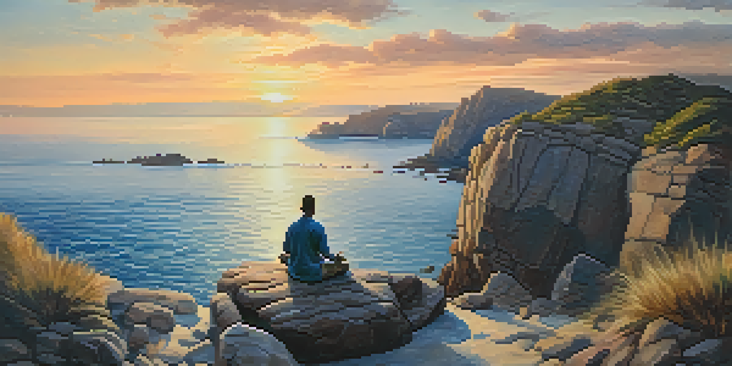 A person meditating on a rocky cliff during sunset, with ocean views and warm colors in the sky.