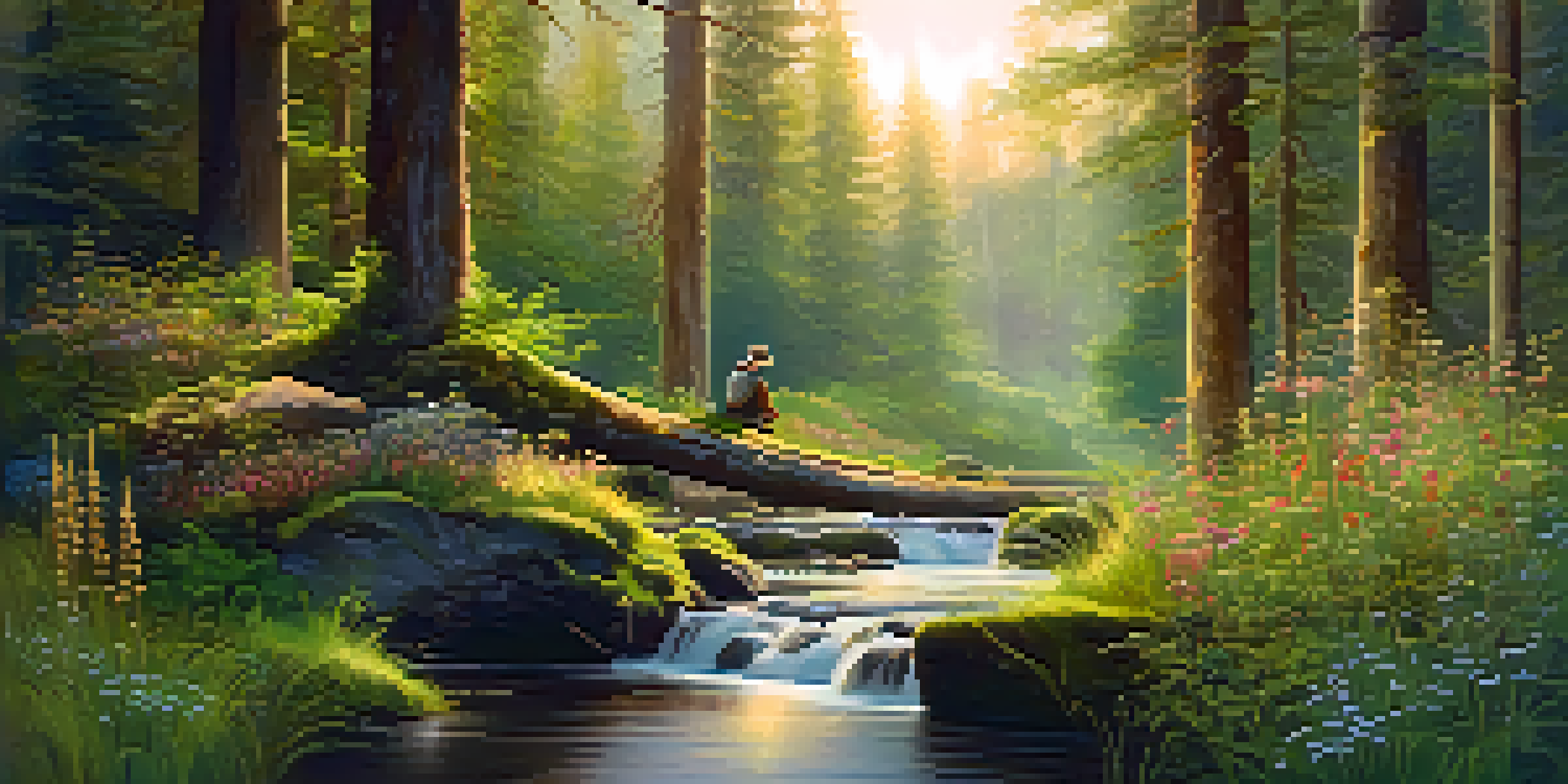 A serene forest at dawn with sunlight filtering through trees and a person meditating by a stream.