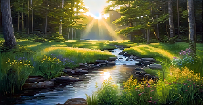 A peaceful forest at sunrise with soft golden light, a small stream, and colorful wildflowers.